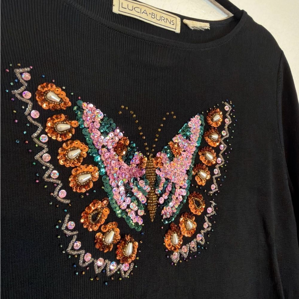 Vintage retro Y2K Lucia Burns Black knitTop with embellished boho Butterfly - Picture 3 of 8